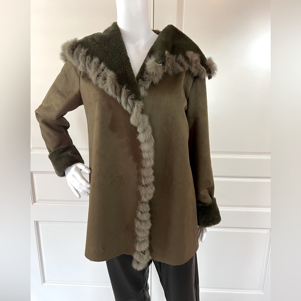 Love Token faux shearling with rabbit fur trim jacket